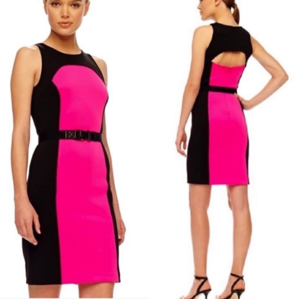 MICHAEL Michael Kors Black and Hot Pink Colorblock Midi Dress